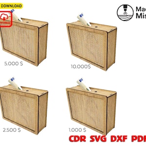 Può includere: Quattro scatole di legno con una fessura, ciascuna con una penna inserita. I prezzi sono visualizzati su ogni scatola. L'immagine include anche il testo "DOWNLOAD DIGITALE" e "CDR SVG DXF PDF AI".