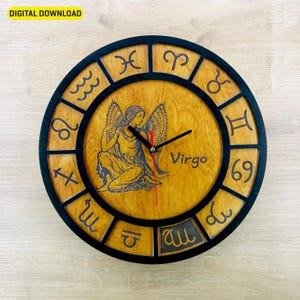 Elegante orologio da parete con segno zodiacale della Vergine in formato SVG / File digitale tagliato al laser / Modello di astrologia / Idea regalo personalizzata / Decorazione con segno zodiacale e astrologia