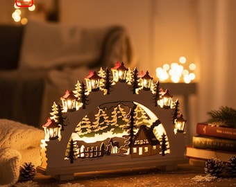 Arco de Natal Schwibbogen SVG DXF, cena de lanterna cortada a laser (download digital)