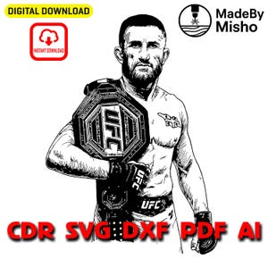 Merab Dvalishvili SVG – Arte vetorial de lutador de MMA – Arte de linha de cinto de campeão – Arquivo cortado a laser | Download digital de esportes de combate