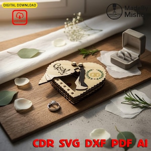 Caja porta anillos de boda con forma de corazón SVG: Archivo cortado con láser (descarga digital)