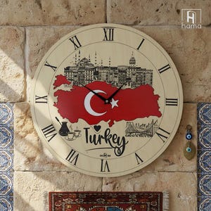 Wooden Turkey Map Clock, Istanbul Skyline Engraved, Turkish Flag Art, Travel Decor