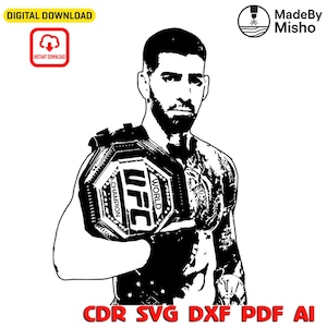 Ilia Topuria SVG – Arte vectorial de luchador de MMA – Arte lineal de cinturón de campeón – Archivo cortado por láser / Descarga digital de deportes de combate