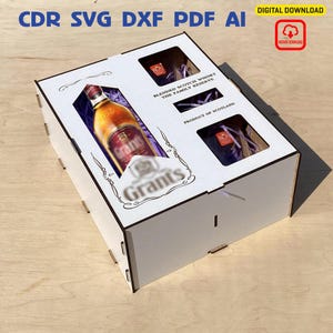 Diseño de set de regalo DIY para amantes del whisky. Archivo de corte láser personalizable para botellas, vasos y rocas de hielo. Caja de regalo de madera ideal para los amantes del whisky.