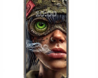 May include: Smartphone displaying a digital art image of a person with steampunk-style goggles and a green eye. The image includes the time 10:00 and a wisp of smoke.