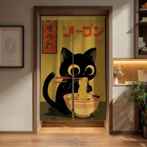 May include: A decorative door curtain featuring a black cat cartoon eating ramen noodles. The cat has large yellow eyes and is holding chopsticks. The background is yellow with Japanese text in red and gold.