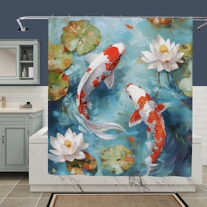 Koi Fish Pond Shower Curtain - Zen Garden Japanese Bathroom Decor - Waterproof Fabric - Tranquil Home Gift Idea Part.1