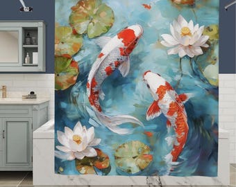 Cortina de ducha con diseño de estanque de peces koi: decoración de baño zen japonesa