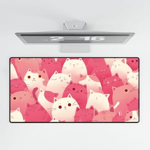 Cute Pink Cat Desk Mat, Kawaii Anime Mousepad, XL Gaming Desk Pad, Pastel Office Decor, Otaku Gift, Japanese Desk Mat