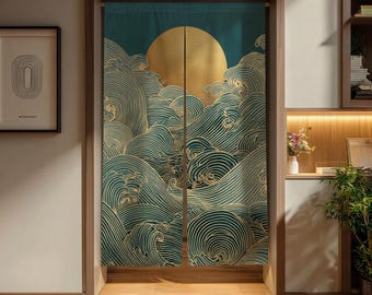 Wave and Moon Noren Curtain – Traditional Japanese Seigaiha Style Door Divider – Gold Accent Privacy Curtain – Art Decor for Home1