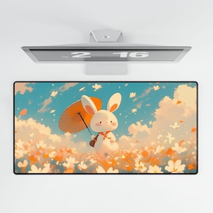 Kawaii Bunny Desk Mat, Cute Rabbit and Flower Meadow, Spring Pastel Desk Decor, Gift for Animal Lovers, Soft Mouse Pad 1