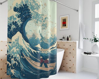 The Great Wave Inspired Shower Curtain - Japanese Art Bathroom Decor - Waterproof Polyester Curtain - Hokusai Style Gift
