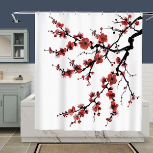 Cherry Blossom Shower Curtain - Elegant Japanese Floral Bathroom Decor - Minimalist Waterproof Curtain - Spring Gift Idea