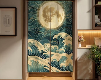 Wave and Moon Noren Curtain – Traditional Japanese Seigaiha Style Door Divider – Gold Accent Privacy Curtain – Art Decor for Home2