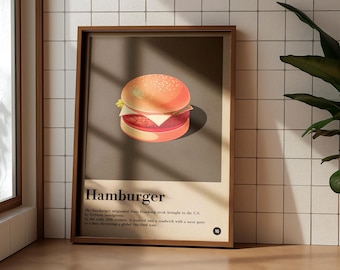Pôster da história do hambúrguer retrô: impressão artística de fast food americano (download digital)