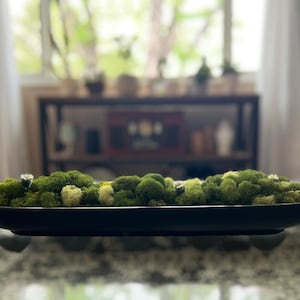 May include: A dark, oval-shaped decorative bowl filled with vibrant green moss and small white and yellow flowers. The bowl sits on a glass table, with a blurred background of a window and a shelf.