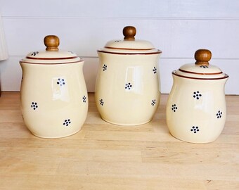 Juego de 3 botes de cerámica vintage con tapas de madera / Estampado floral azul / Almacenamiento para cocina rústica