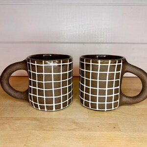 Set of 2 Handmade Pottery Mugs | Brown Checkered Stoneware Coffee Cups | Studio Pottery Mug Set