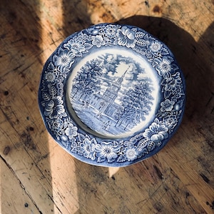 Vintage Ironstone Liberty Blue Plate | Independence Hall Pattern | Blue and White Transferware | Colonial Style Dinnerware