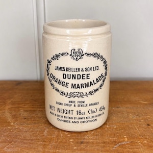 Pote de marmelada vintage James Keiller Dundee | Pote de ferro fundido inglês com propaganda | Decoração de cozinha britânica