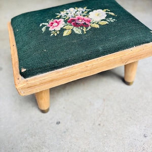 Vintage Green Floral Needlepoint Footstool - Wooden and Brass Legs