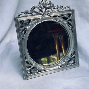 Vintage Art Nouveau Mirror | Cast Metal Floral Frame | Antique Vanity Mirror | Ornate Desk Decor