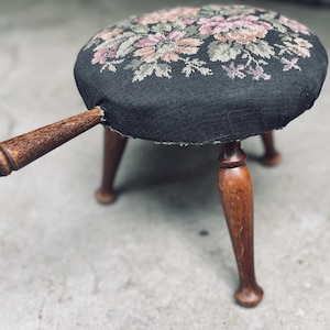 Vintage Needlepoint Footstool | Hand-Embroidered Floral Tapestry | Mid-Century Modern Furniture | Accent Decor | Cottagecore | Grandmacore