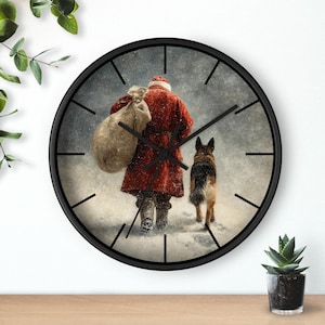 Santa with German Shepherd Wall Clock | Vintage Christmas Snow Scene