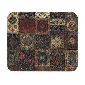 May include: A rectangular decorative mat with a patchwork design. The mat features a collage of small, square and rectangular patterns reminiscent of antique rugs. The patterns include floral and geometric motifs in shades of red, blue, and gold.