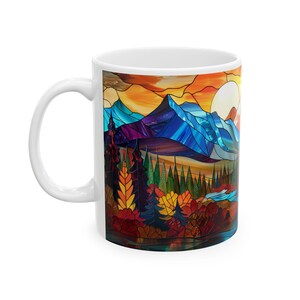 Stained Glass Mountain Mug, Colorful Landscape River Forest Sunrise Art, Nature Lover Gift, Vivid Scenic Ceramic Coffee Cup,Boho Cottagecore