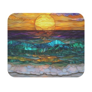 Serene Sunset Mouse Pad, Colorful Ocean Wave Desk Mat, Stained Glass Art, Home Office Décor, Gift for Nature Lovers, Perfect for Gamer