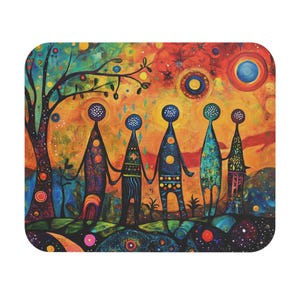 May include: A colorful, abstract art print featuring five stylized figures holding hands. The figures have large, dotted heads and patterned bodies, set against a vibrant background of orange, red, and blue hues. A tree and celestial elements complete the whimsical scene.