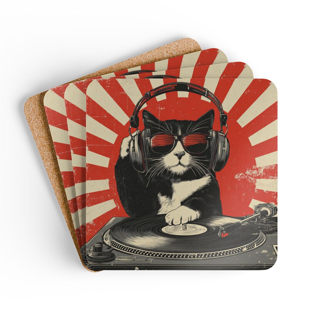 DJ Cat Turntable Coaster Set, Retro Vinyl Record Art - Etsy