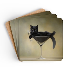 May include: Set of four square coasters. Each coaster features a black cat lounging in a martini glass, holding a cocktail. The cat has yellow eyes and a relaxed pose. The background is a soft, muted yellow and green.