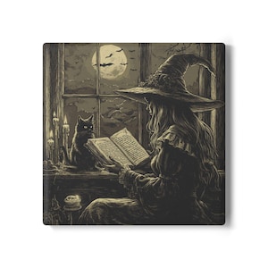 Witchy Moonlight Ceramic Coaster | Halloween Home Decor, Gift for Cat Lovers, Coffee Table Accent, Witch Aesthetic, Cute Desk Decor