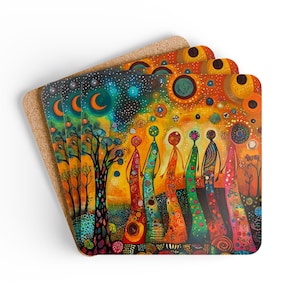Bohemian Corkwood Coaster Set: Vibrant Drink Coasters, Eco-Friendly Home Decor
