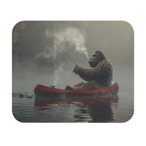 May include: A brown gorilla sits in a red canoe, fishing with a red fishing rod. The gorilla is smoking a cigarette, with smoke rising into the air. The scene is set on a lake with a foggy background.
