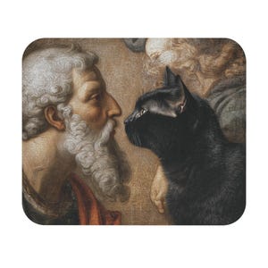 May include: A rectangular wall art print featuring a detailed illustration of an elderly person with a white beard and curly hair facing a solid black cat. The artwork uses warm brown and tan tones, with a second figure visible in the background.