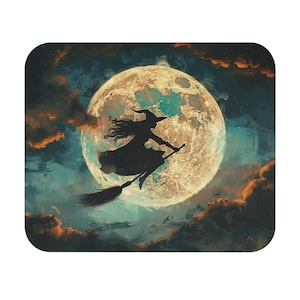 Vintage Witch Flying Under Moon Mouse Pad, Halloween Office Decor, Witch Themed Gifts, Spooky Desk Accessories, Witchcraft Mousepad