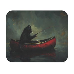 May include: A black cat in a red canoe fishing with a lit cigarette in its mouth. The cat is in the middle of a dark lake with a cloudy sky in the background. The image has a vintage, artistic style.