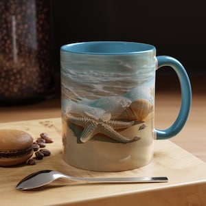Ocean Beach Mug with Seashells and Starfish, Coastal Coffee Cup, Beach Lover Gift, Summer Sea Wave Ceramic Mug, Nautical Coastal Decor
