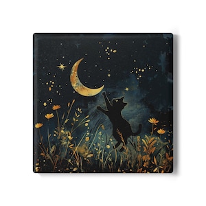 Whimsical Cat Moon Ceramic Coaster | Celestial Black Cat Gift | Cute Starry Night Decor | Coffee Table Accessory for Cat Lovers
