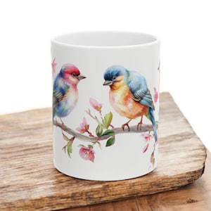 Spring Bird Mug, Watercolor Bluebird Ceramic Coffee Cup with Floral Branches, Nature Lover Gift, Birdwatcher Tea Mug, 11oz & 15oz