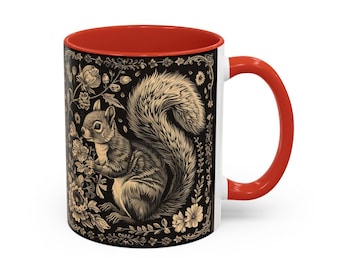 Vintage Squirrel Art Black Coffee Mug: Botanical Design Accent Mug