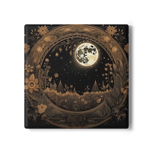 Moonlit Landscape Ceramic Coaster, Gothic Celestial Decor, Boho Witchy Home Gift, Rustic Tableware, Unique Housewarming
