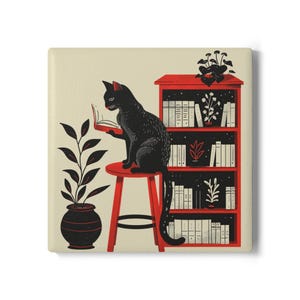 Retro Black Cat Reading Ceramic Coaster, Book Lover Gift, Cute Cat Drink Coaster, Mid Century Modern Coffee Table Decor, Cozy Cat Lover Gift
