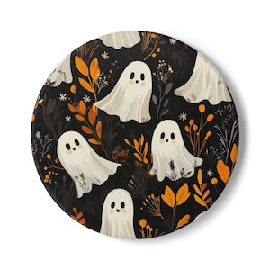 Ghost Ceramic Coaster, Spooky Cute Halloween Decor, Black Floral Drink Coaster, Autumn Witchy Home Gift, Fall Coffee Table Accent, Ghost