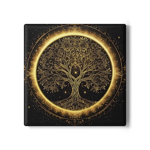 Golden Tree of Life Ceramic Coaster, Spiritual Home Decor, Gift for Nature Lovers, Unique Housewarming Gift, Decorative Drinkware