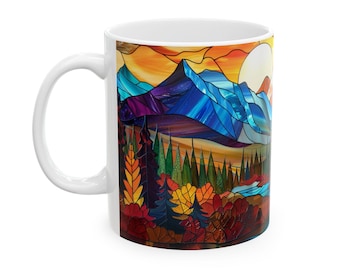 Stained Glass Mountain Mug: Vivid Landscape Ceramic Coffee Cup