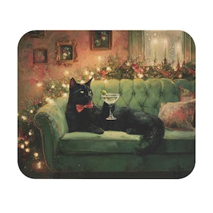 Black Cat on Green Sofa Mouse Pad | Vintage Victorian Desk Decor